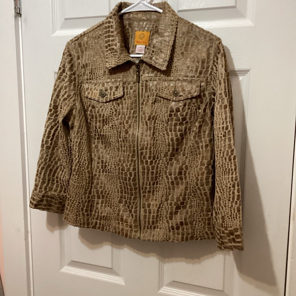 Ruby Rd Jacket Womens 10 Brown Crocodile Print Zip Front Collared Animal Print